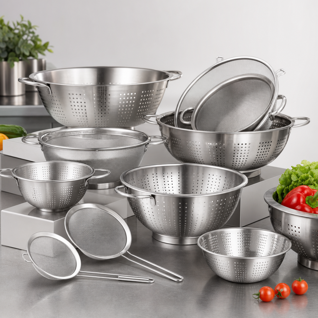 Set of metal colanders and fine mesh strainers with handles on a clean counter