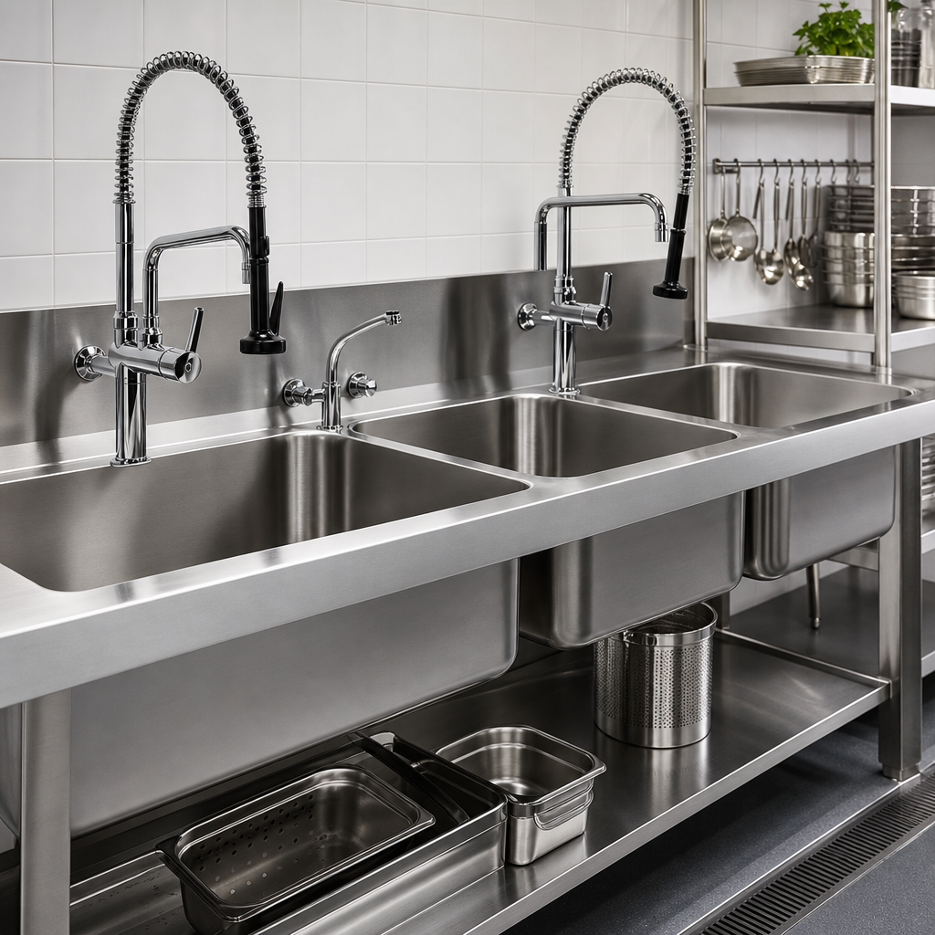 Deep commercial sinks with stainless fixtures