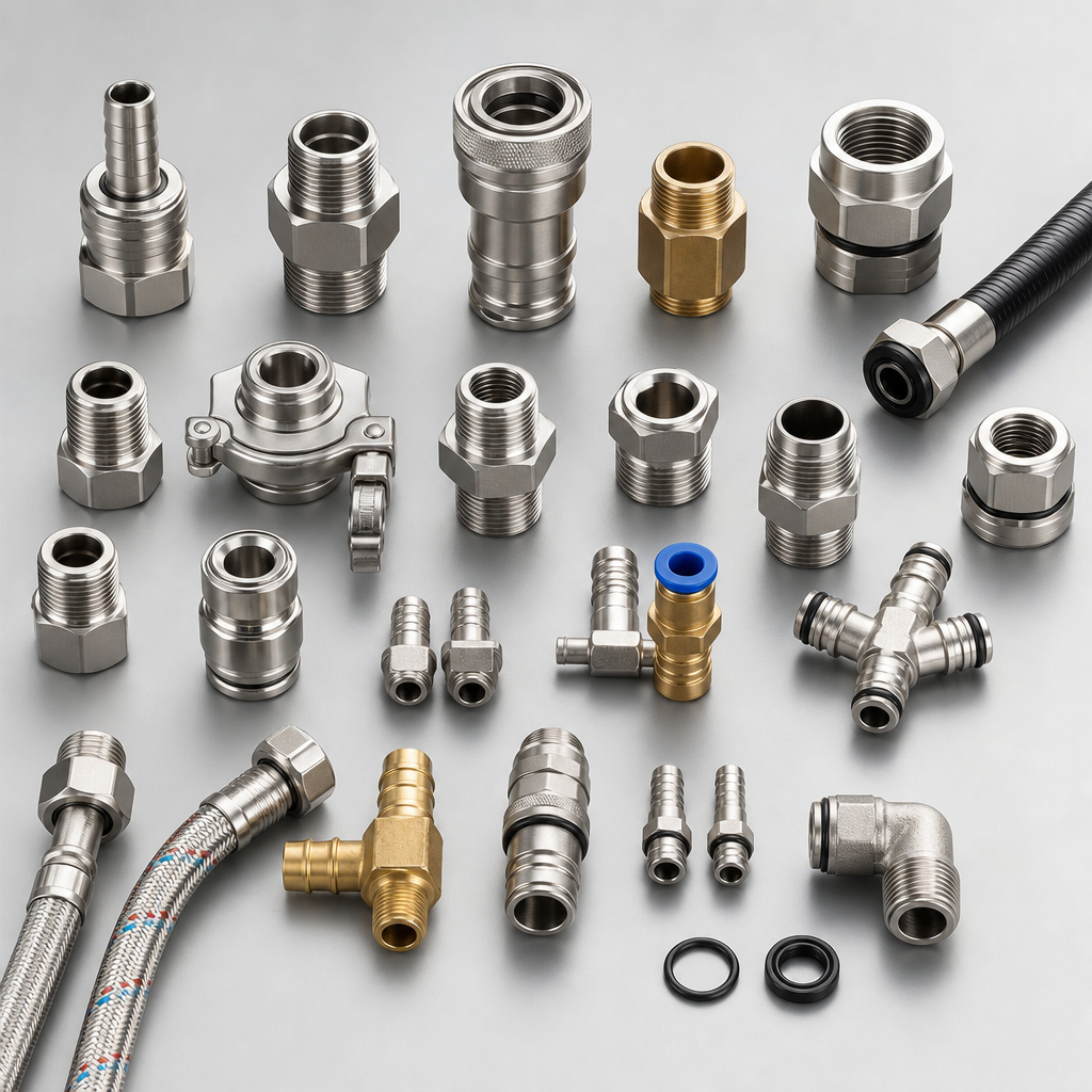 Compact connection fittings and coupling pieces for integrated kitchen systems