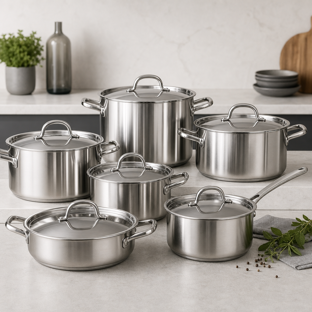 Stacked stainless steel cookware set with matching lids arranged on a clean white surface