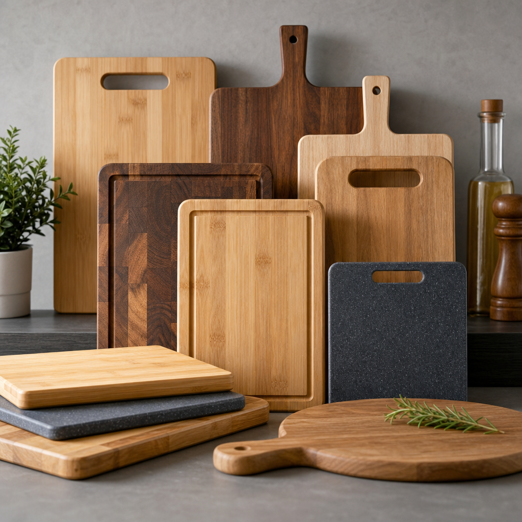 Set of three cutting boards in light wood, dark walnut, and white composite stacked neatly