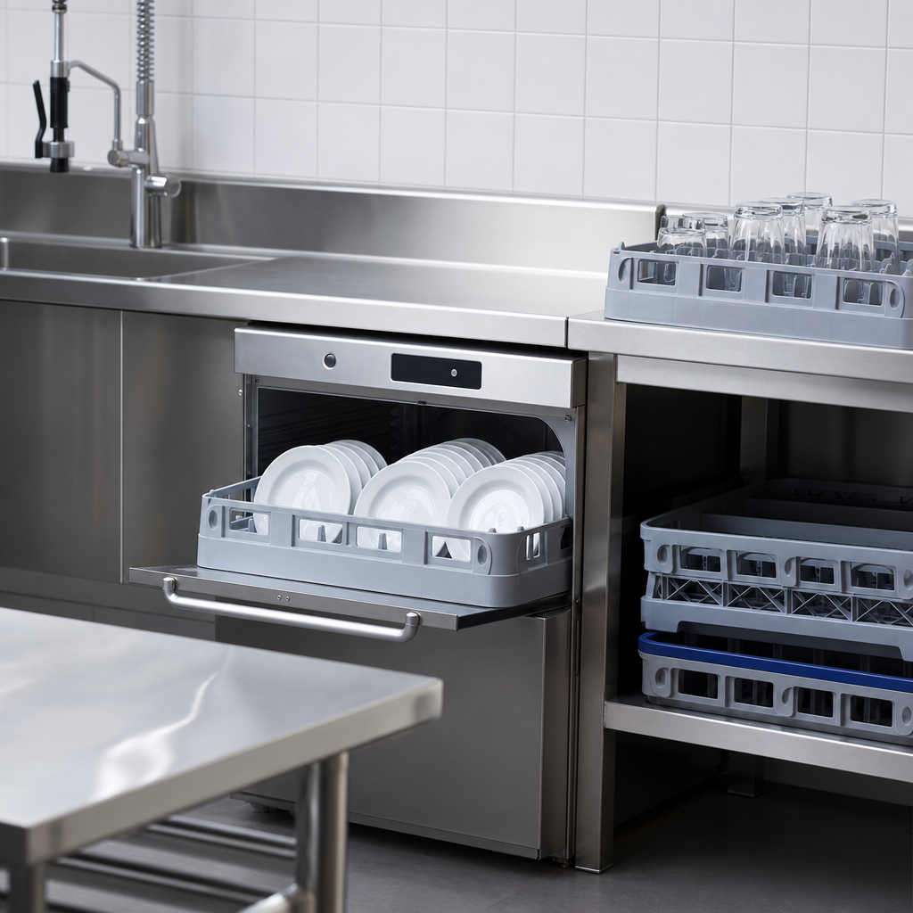 Commercial dishwashing equipment with racks