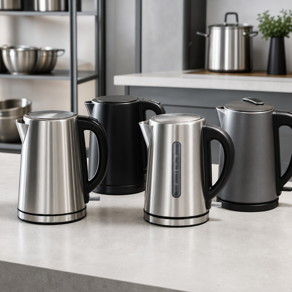 Stainless steel electric kettle with a matte black handle and lid on a clean white surface