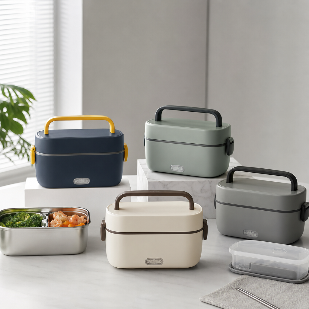 Rectangular electric lunch box in soft gray with handle and stainless inner tray