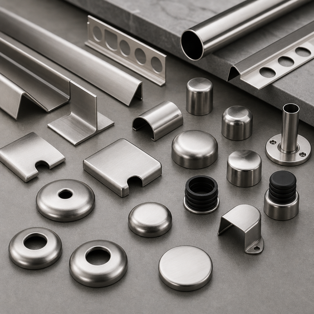Polished stainless steel finishing fittings and protective caps for kitchen installations