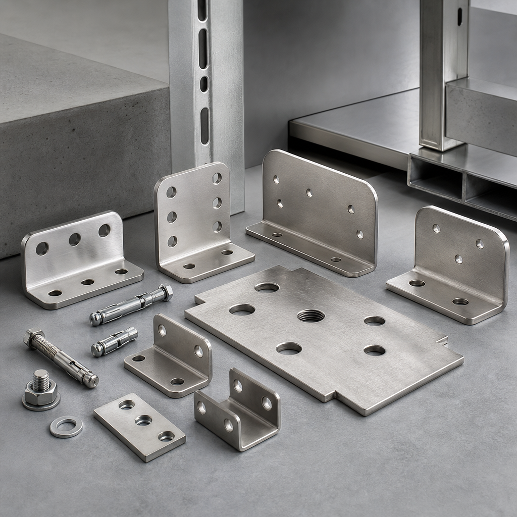 Heavy-duty stainless steel fixing fixtures and anchor plates for kitchen equipment