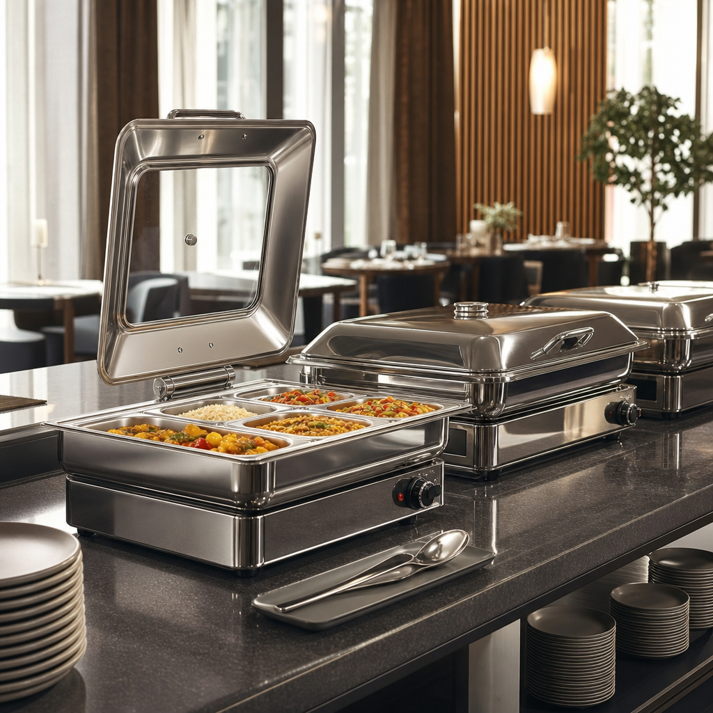 Stainless food warmers on a buffet line