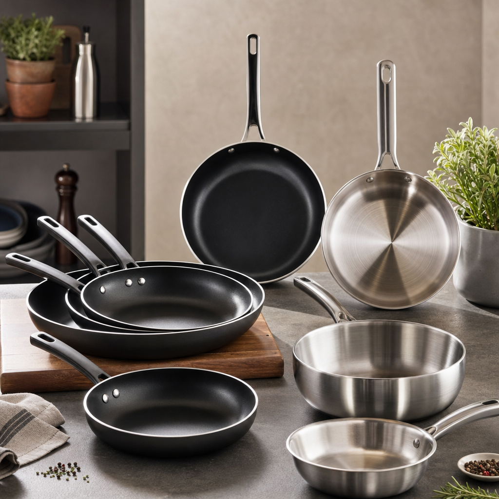 Two matte black nonstick frying pans with metal handles displayed on a neutral countertop