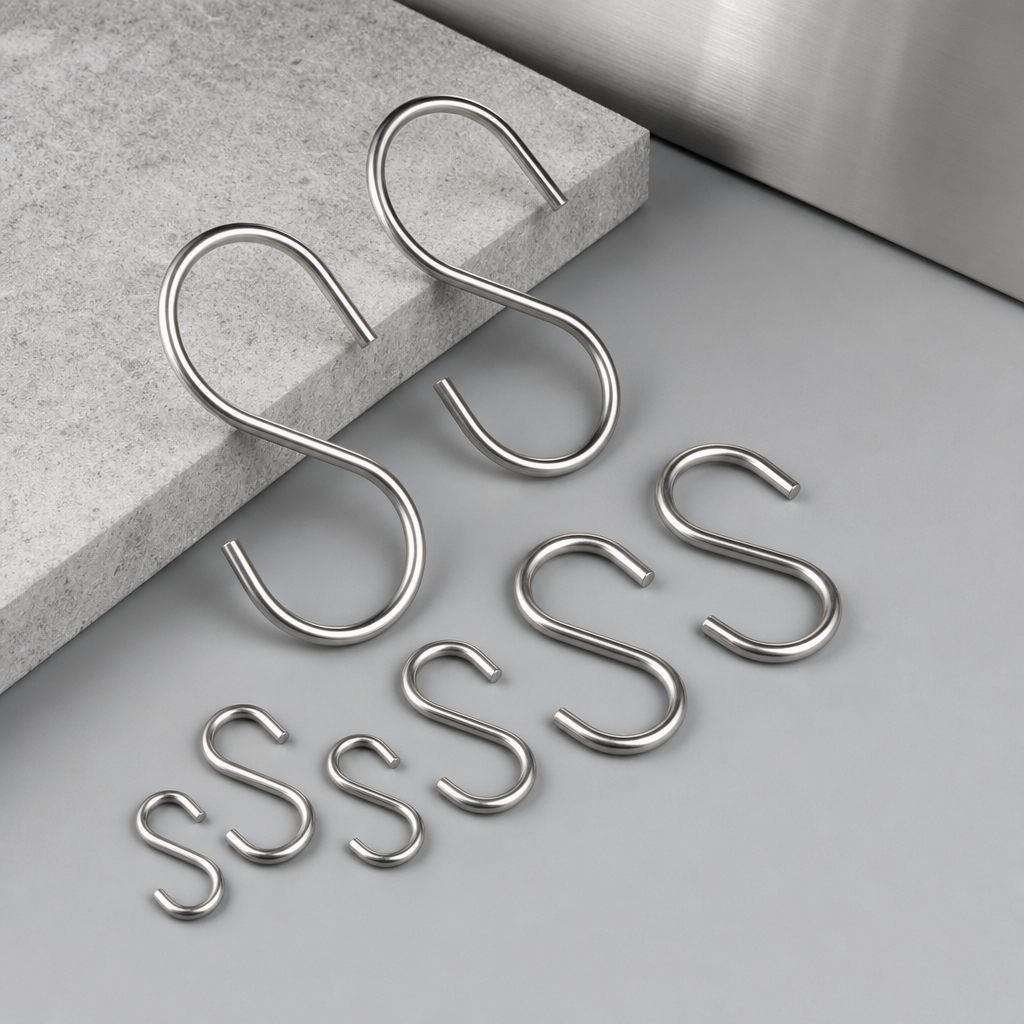 Set of stainless steel kitchen hooks in assorted sizes on a light industrial background