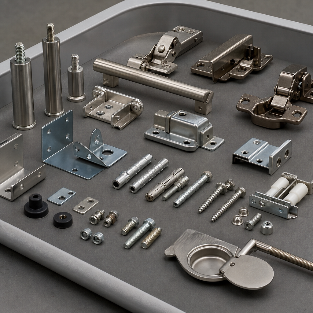 Assorted zinc-coated hardware fittings and screws on a clean industrial tray