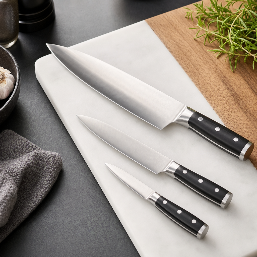 Professional chef and utility knives with black handles laid on a light wood board