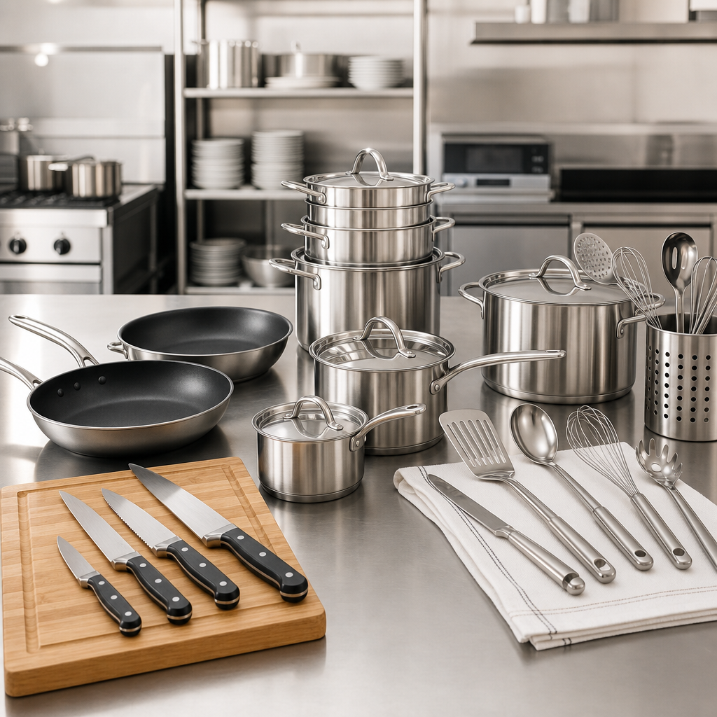 Assorted stainless steel pots, saucepans, and cooking utensils arranged on a clean prep counter