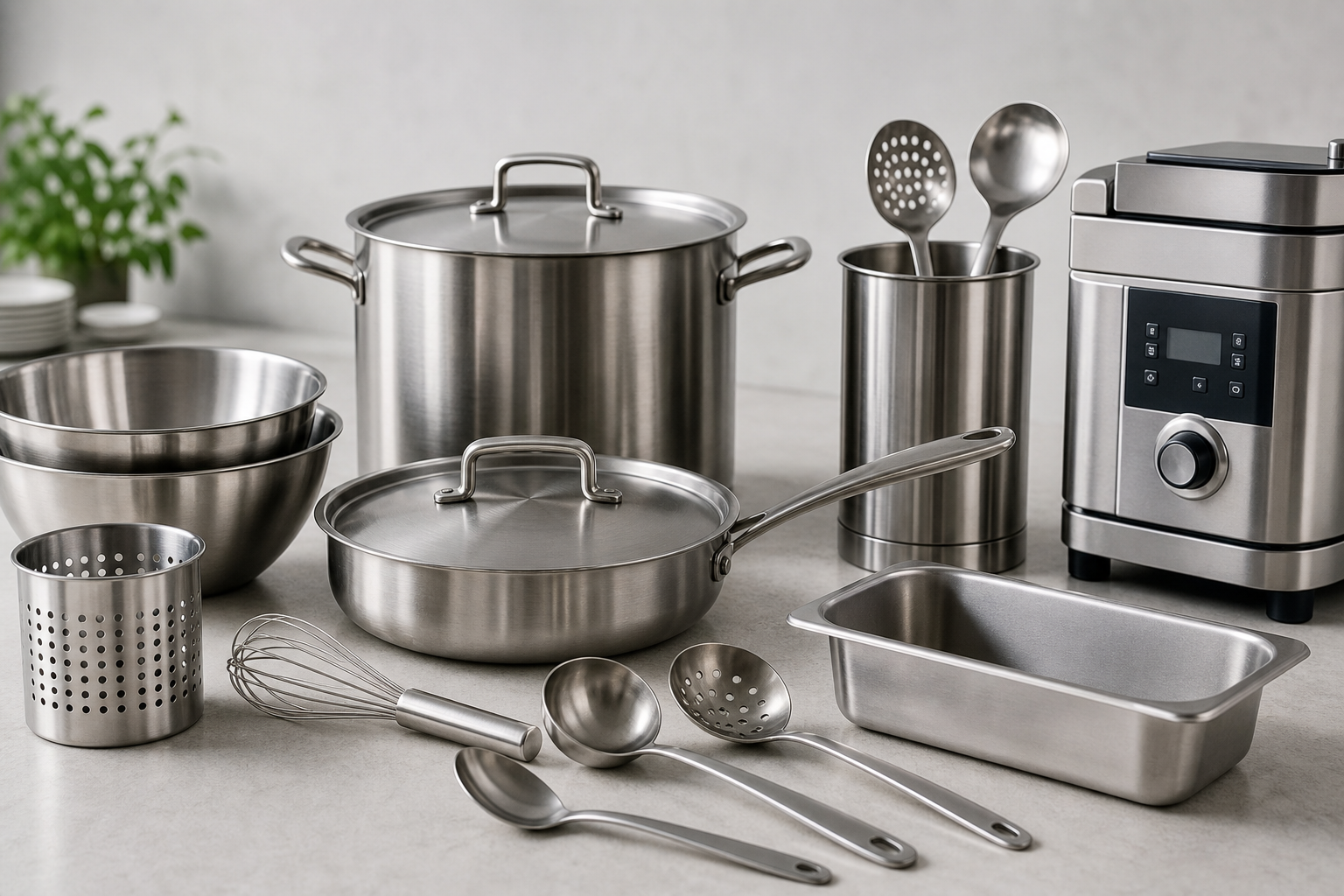 Assorted stainless-steel kitchenware and catering equipment arranged on a clean workspace