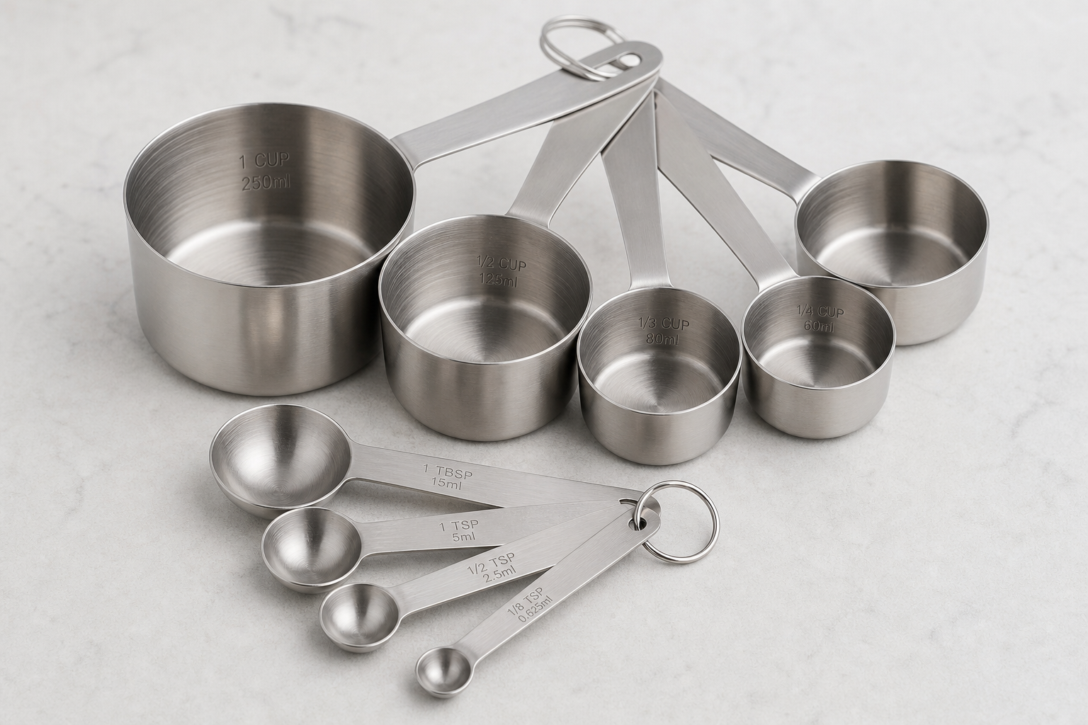 Measuring cups and spoons in brushed steel with engraved markings on a light surface