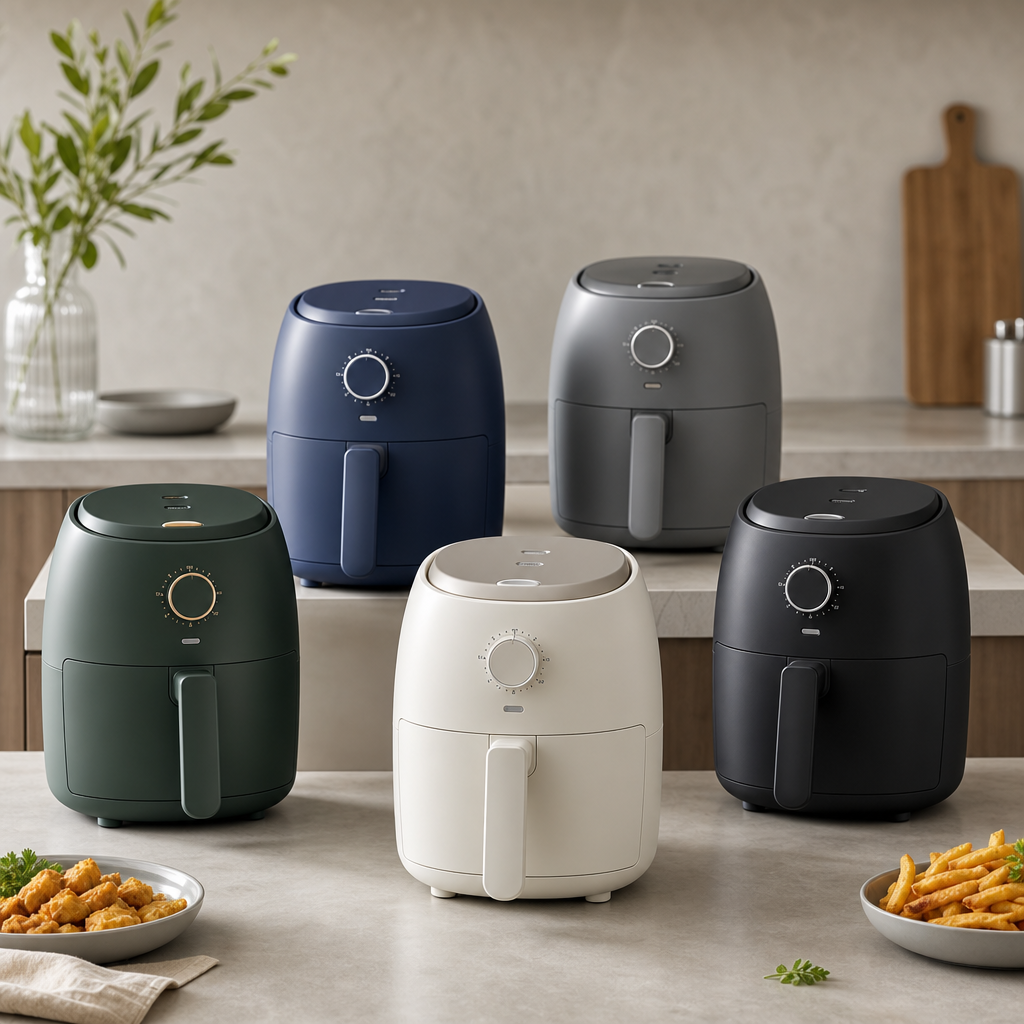 Compact mini air fryer in matte white with a rounded basket drawer