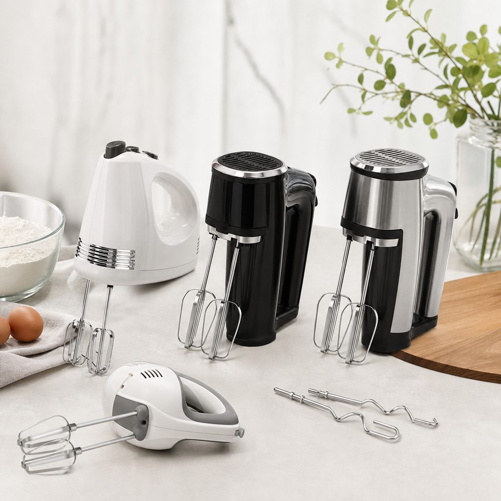 Compact electric hand mixer in white with two chrome beaters and minimal controls
