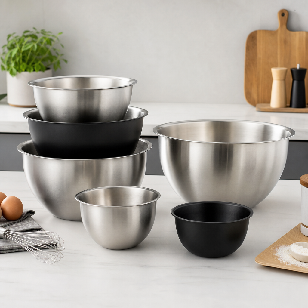 Stacked stainless steel mixing bowls with brushed finish on a neutral gray background