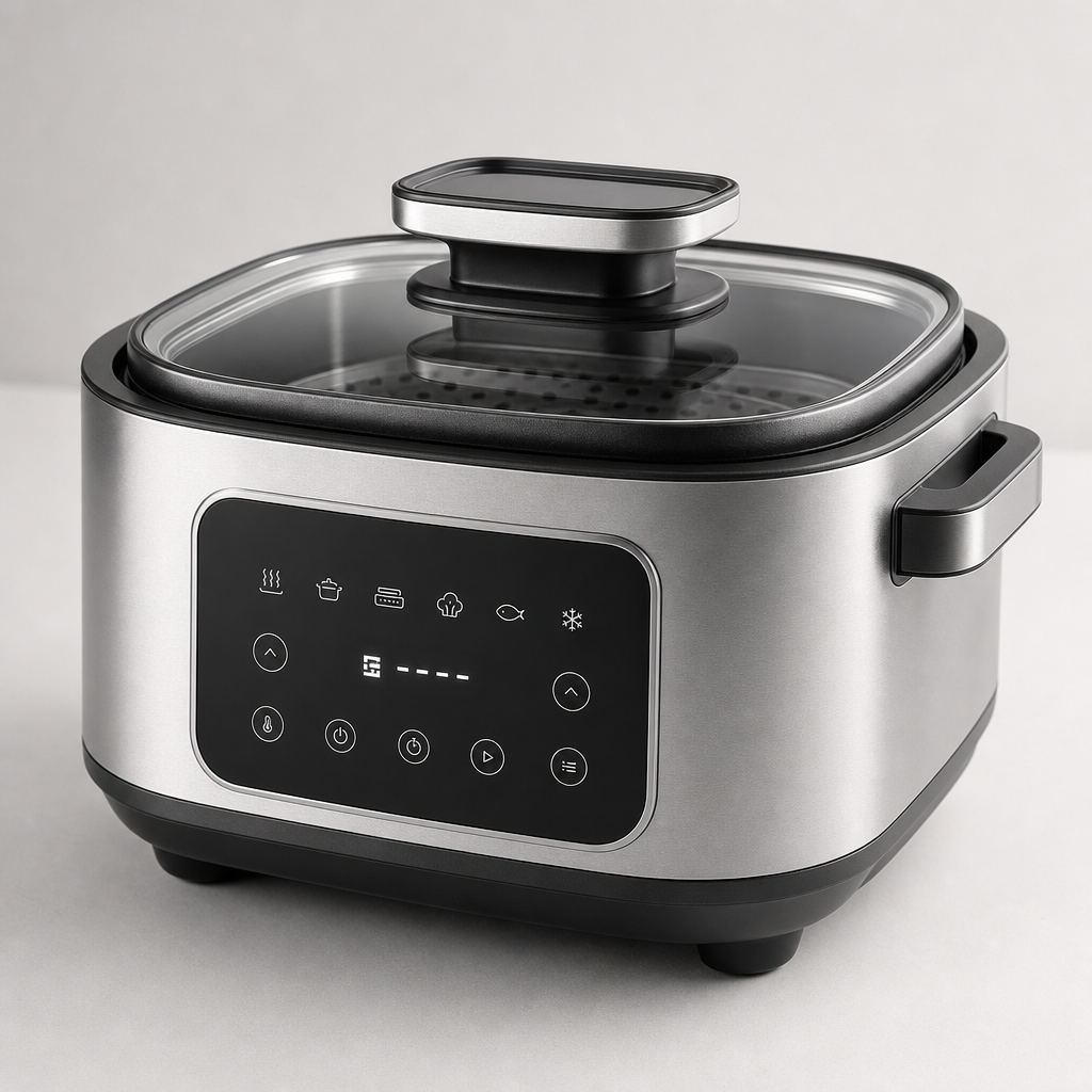 Compact multifunctional countertop appliance in silver with touch controls and glass lid