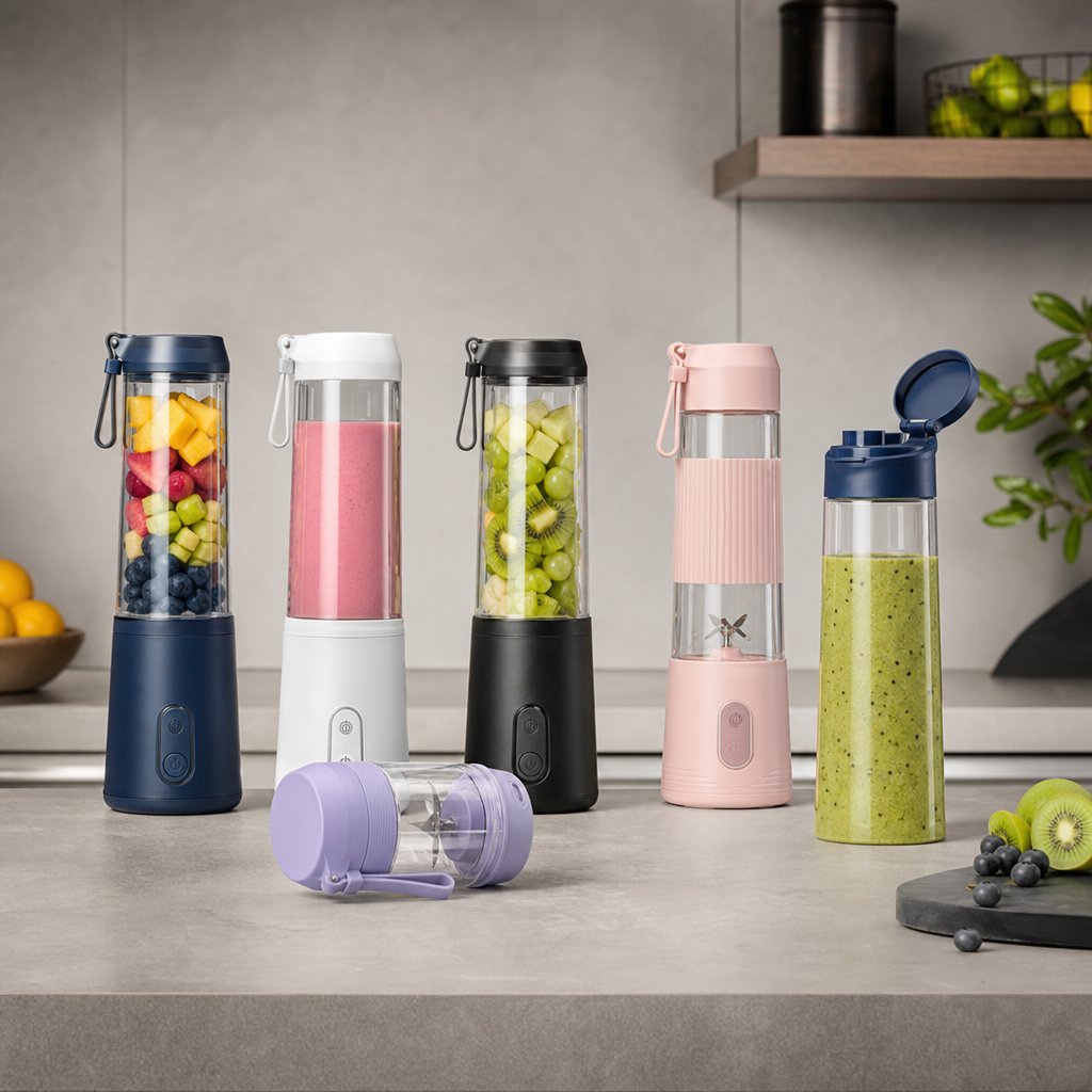 Slim portable blender in translucent green with a white base and detachable travel cup