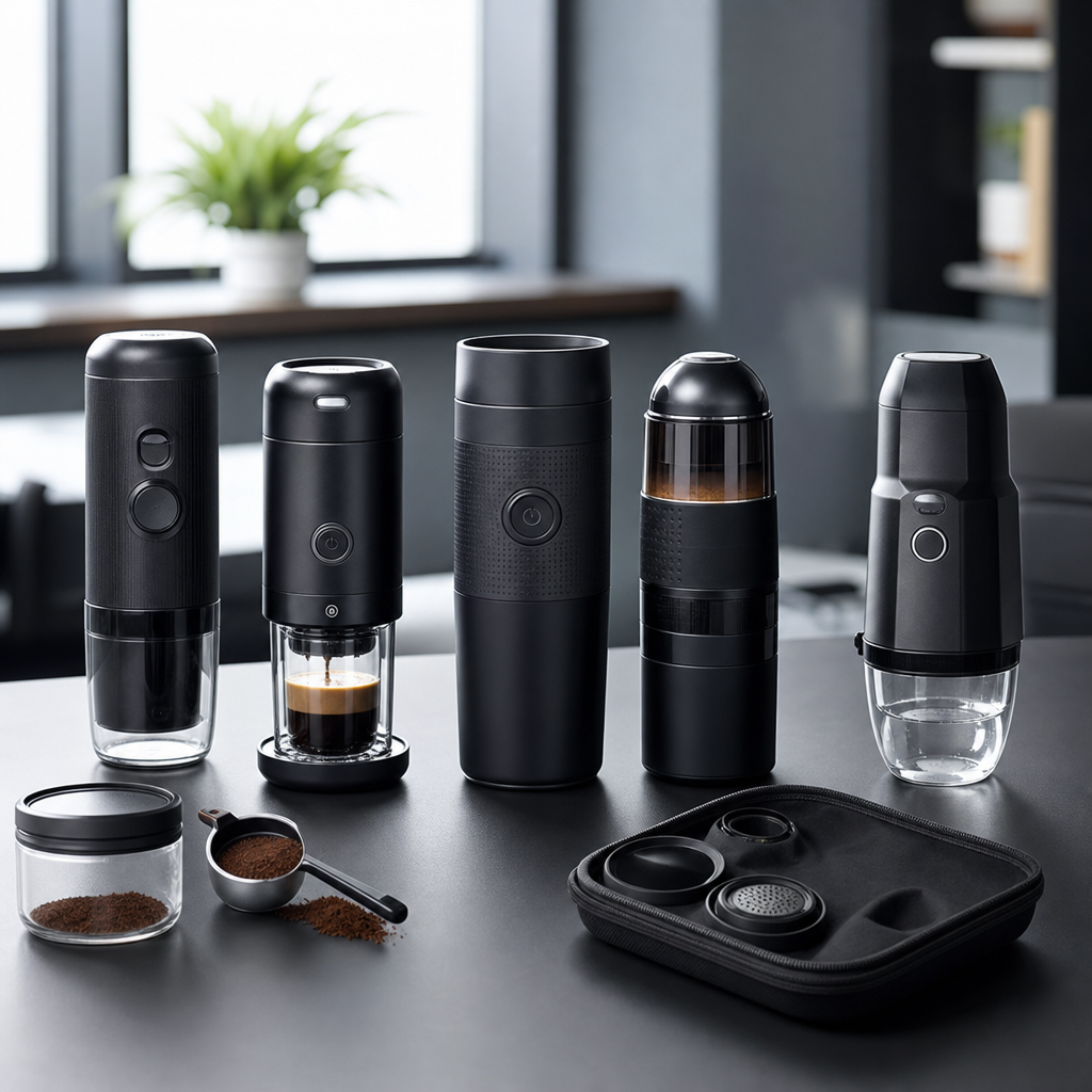 Portable coffee maker in dark charcoal with a minimalist cylindrical body and travel cup