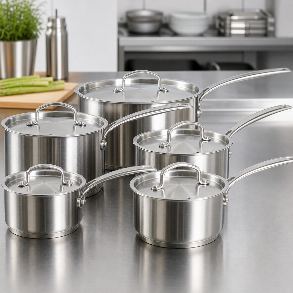 Polished stainless steel sauce pans in three sizes with glass lids, studio lighting