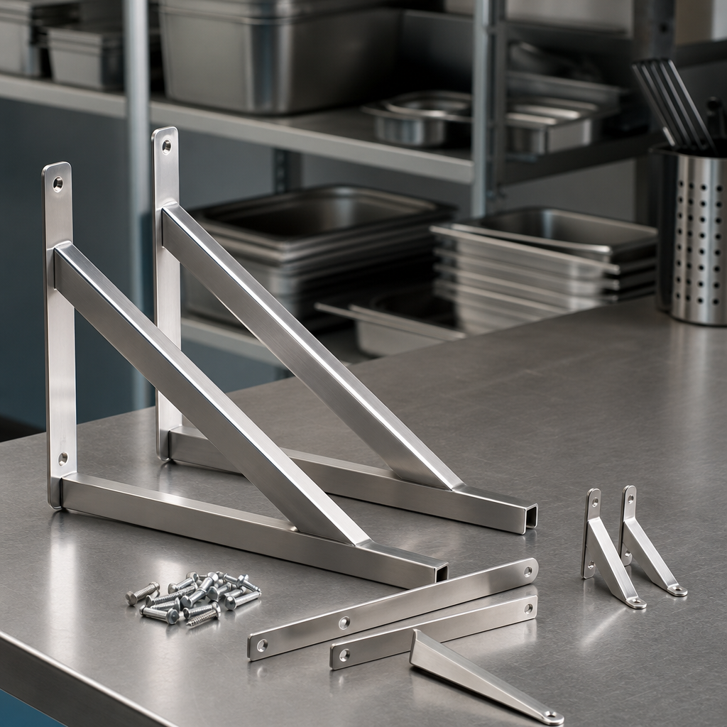 Industrial stainless steel shelf brackets arranged on a neutral workbench