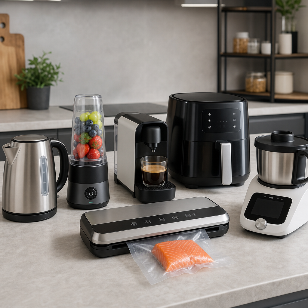 Compact small kitchen appliances including a kettle, toaster, and coffee maker on a neutral counter