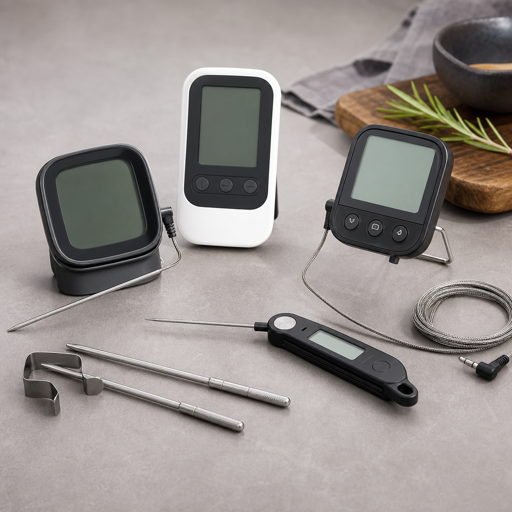 Digital smart kitchen thermometer with a slim probe and blue backlit display