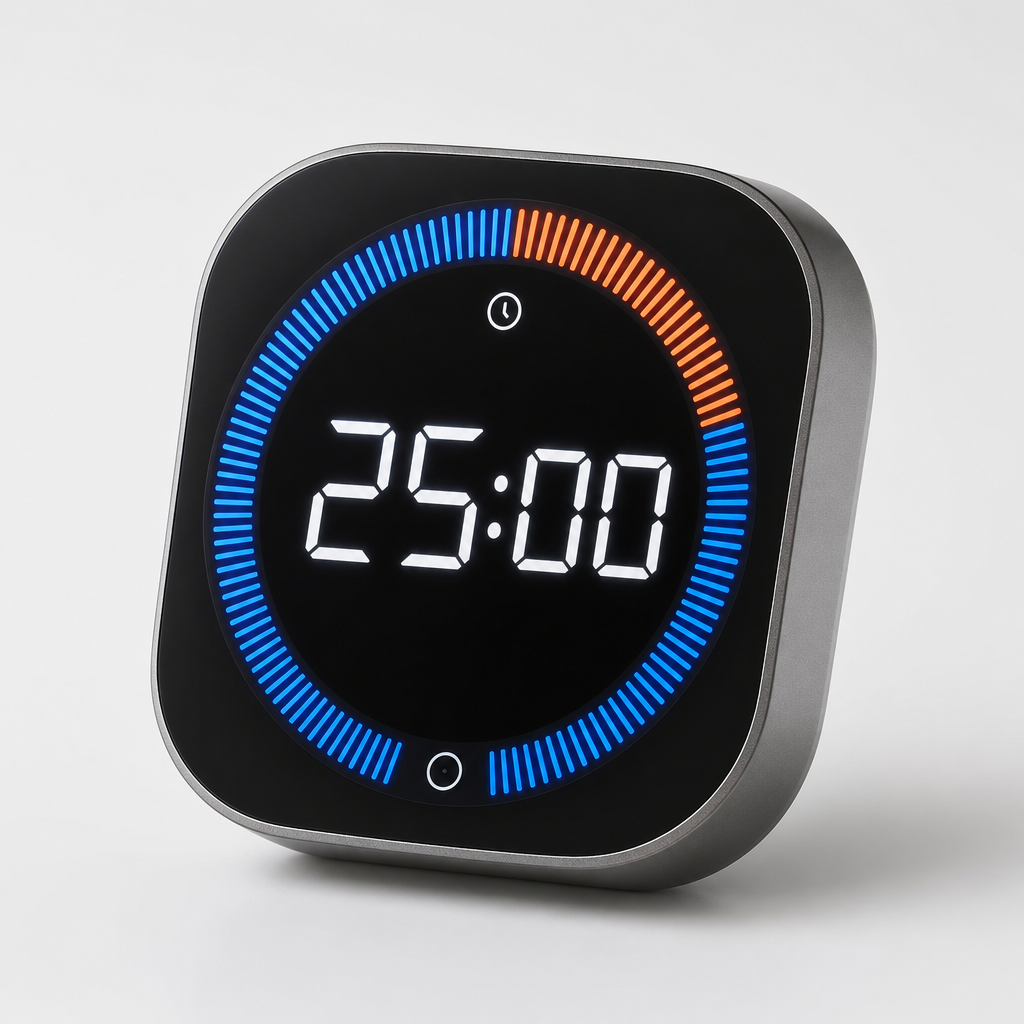 Smart kitchen timer device with a rounded square shape and bright digital ring display