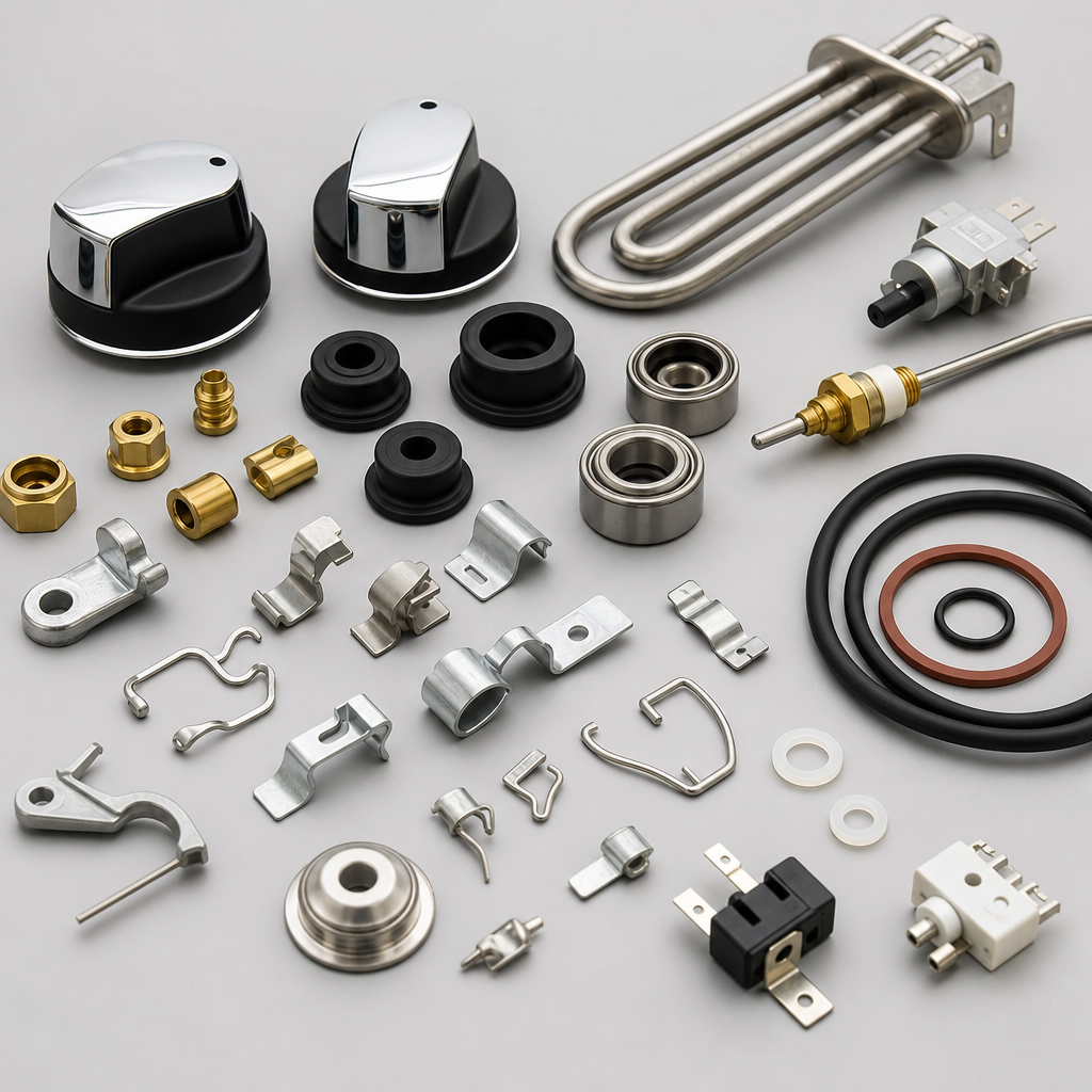 Collection of commercial kitchen spare parts including knobs, seals, and small metal components