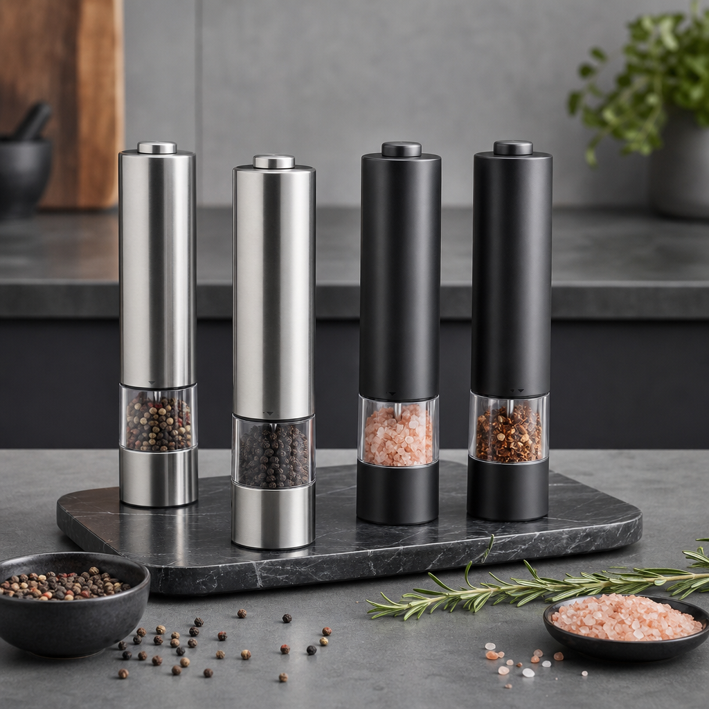 Brushed metal electric spice grinder with clear lid and compact cylindrical body