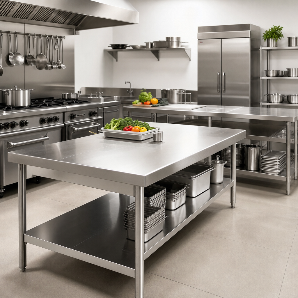 Stainless steel worktables in a clean prep area