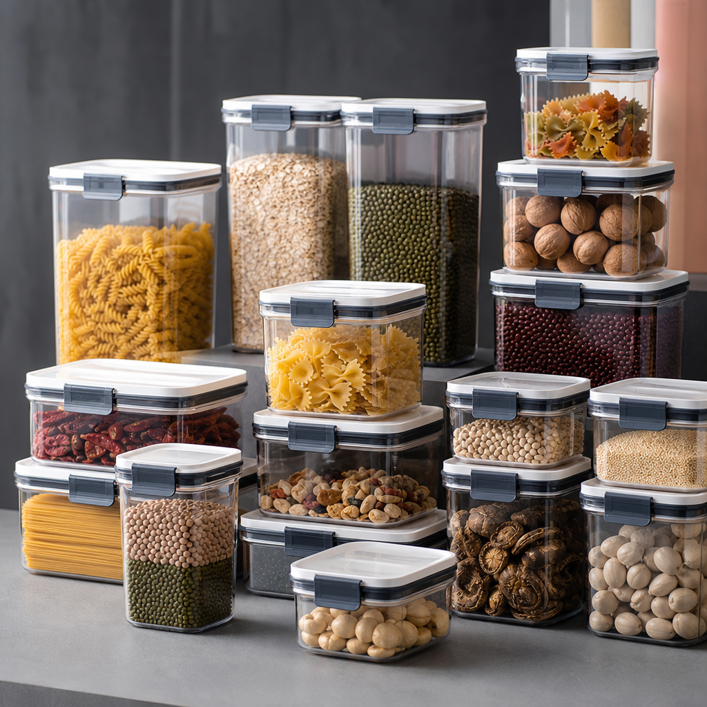 Clear airtight food storage containers with blue lids arranged in a tidy grid