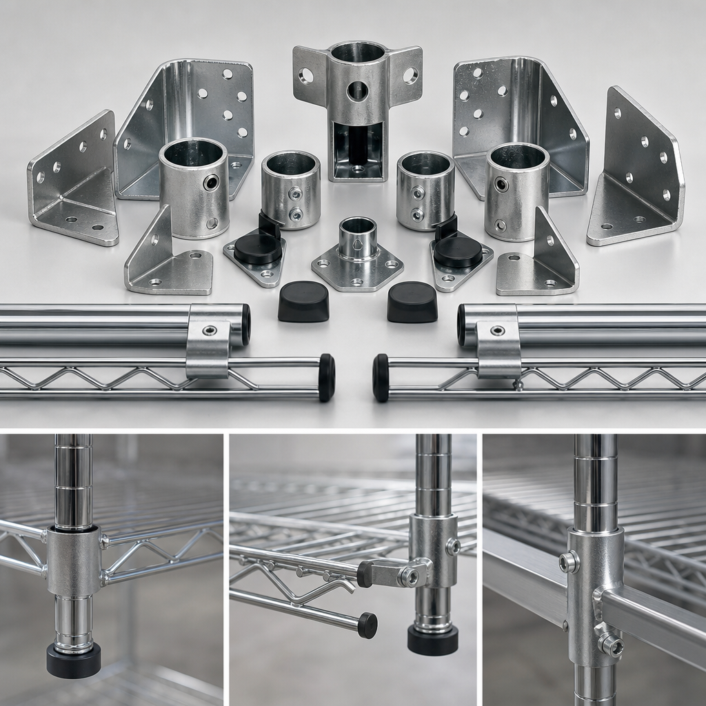 Steel rack connectors and corner brackets for storage systems displayed on a matte surface