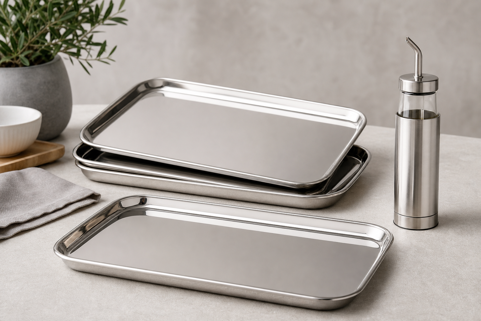 Stainless steel serving trays and a condiment dispenser arranged for a hospitality display