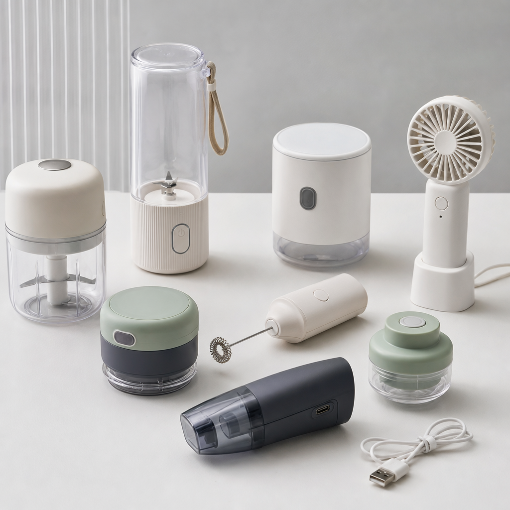 Set of small USB-powered kitchen gadgets in matte black, including a mini frother and portable fan