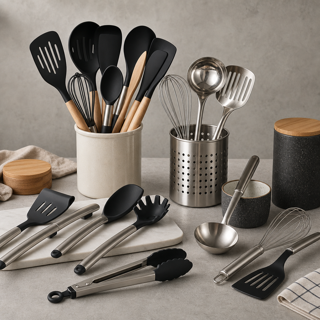 Assorted kitchen utensil set with stainless steel and silicone heads in a neat lineup