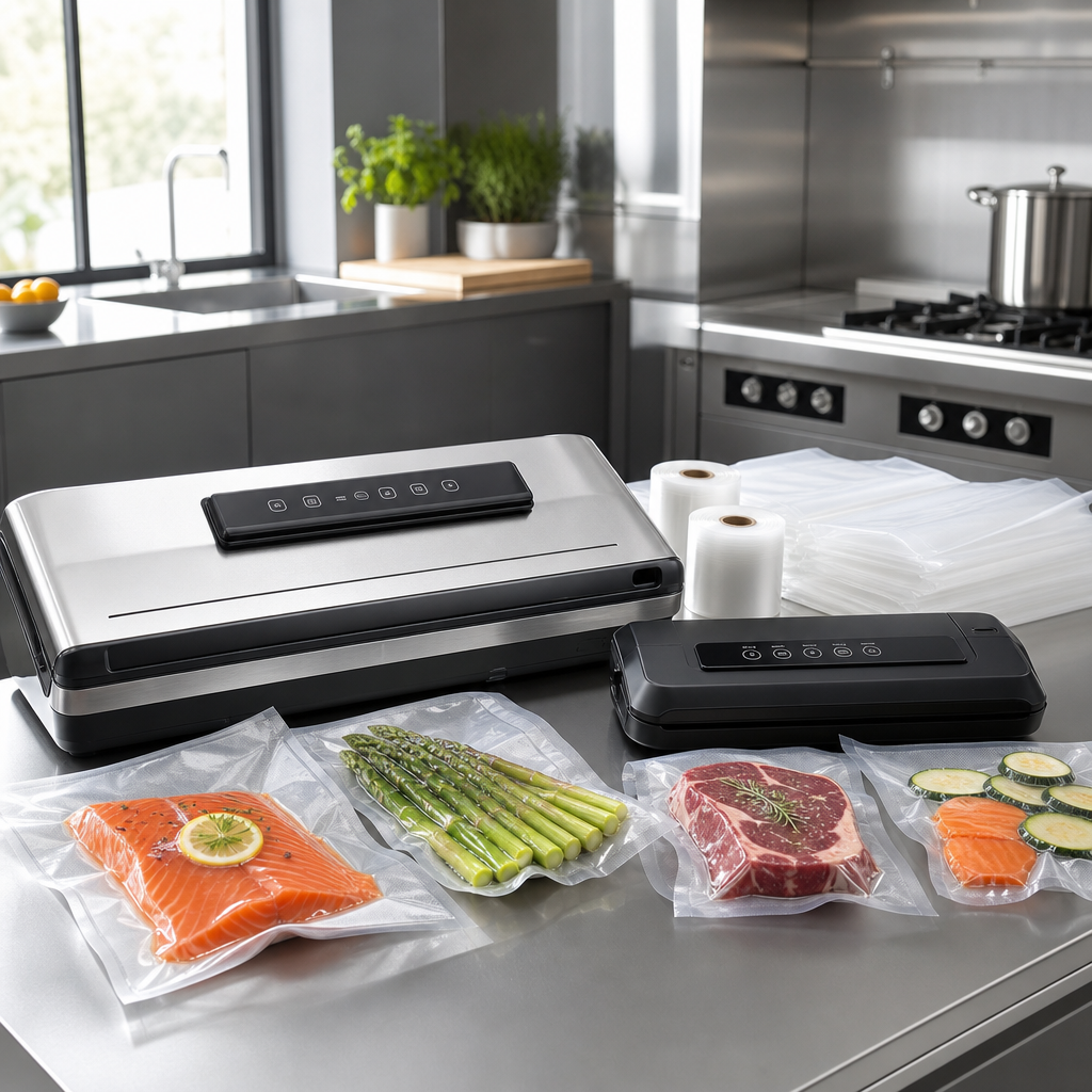 Low-profile vacuum sealer in graphite with a slim control strip and roll of sealing bags
