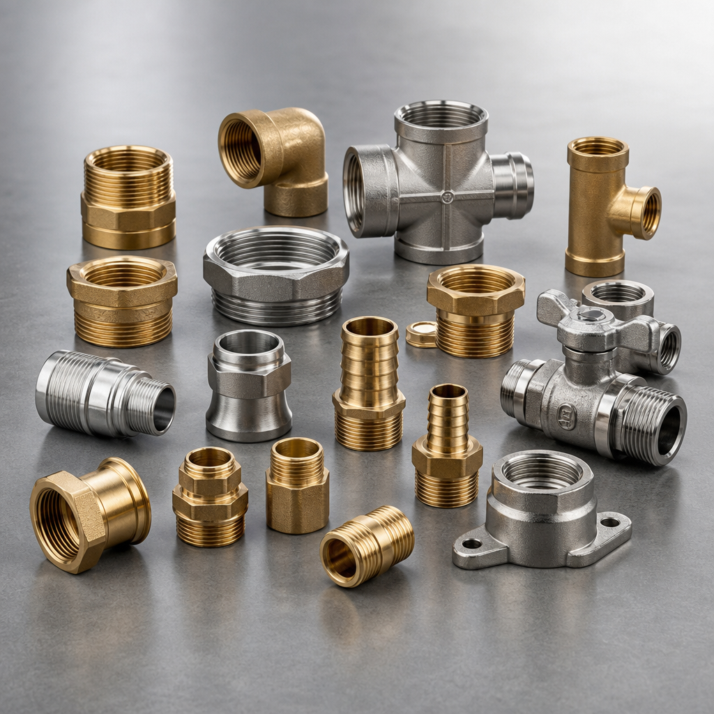 Brass and stainless steel water pipe connectors laid out in a catalog style