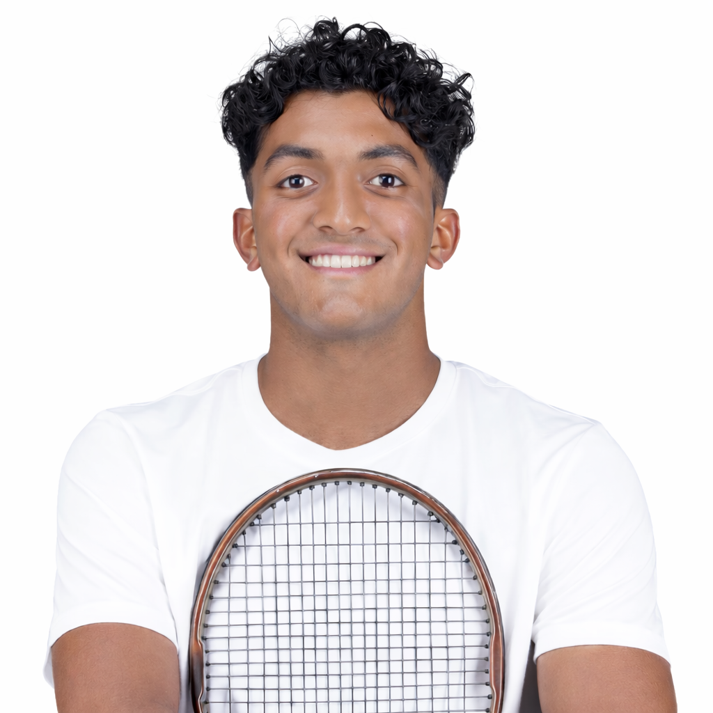 Portrait of Aryan Lakshmanan, professional tennis player, wearing a blue sports shirt, holding a tennis racket, standing on a hard tennis court