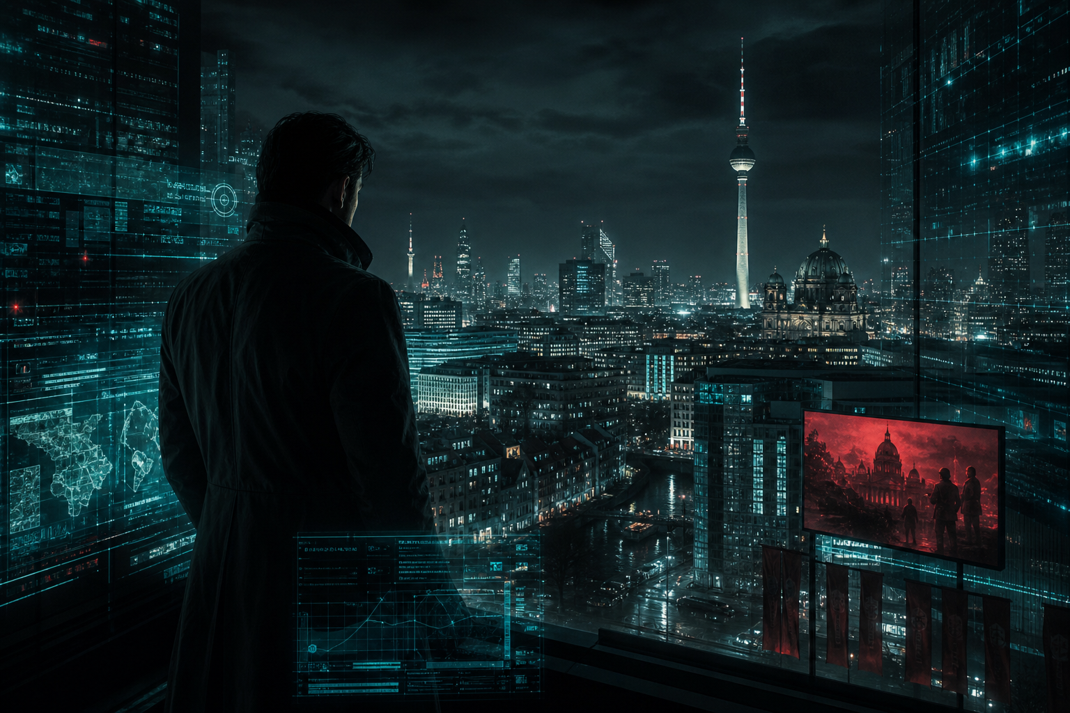 Nighttime Berlin skyline with data-grid reflections, cold blue lights, and a shadowed intelligence operative