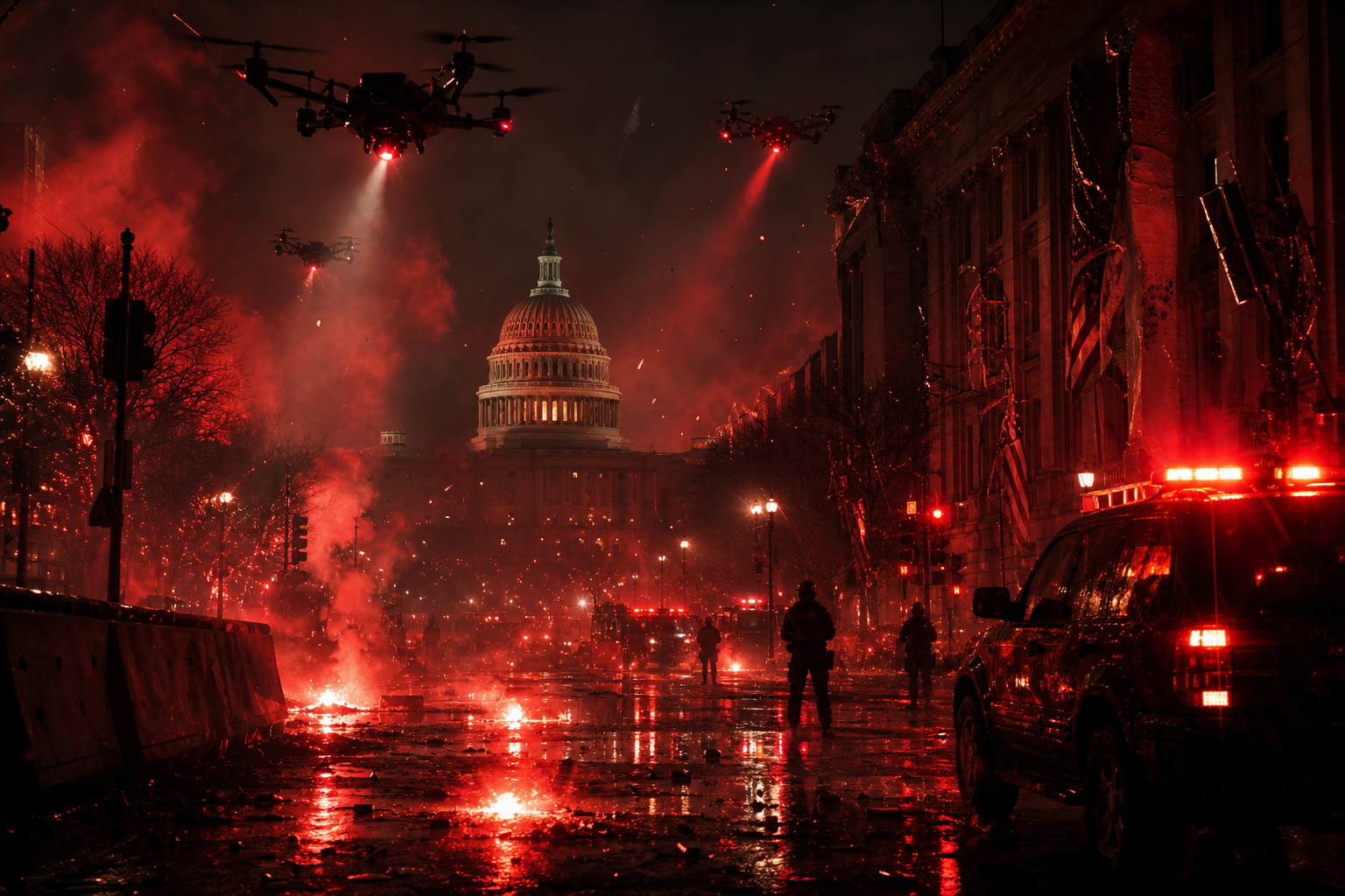 Red-lit Washington DC street with drone silhouettes, emergency flares, and sparks cutting through smoke