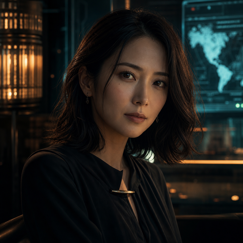 Portrait of Erina, a poised woman with a soft smile and attentive eyes, blending charm with hidden resolve