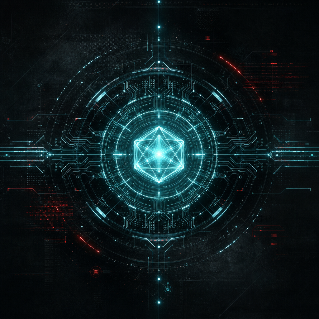 Abstract AI interface portrait with luminous geometric circuitry and a calm central glow