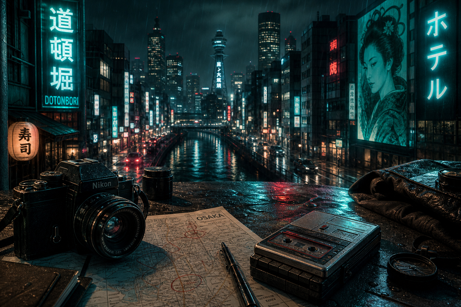 Rainy neon Osaka skyline with teal glow, wet streets, and analog surveillance gear in the foreground