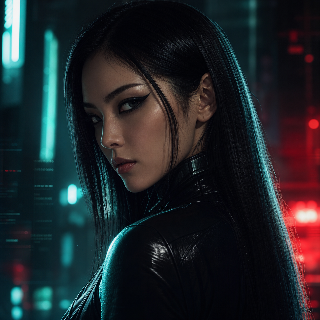 Portrait of Rika, a sleek and intense woman with dark hair, razor-sharp eyeliner, and a controlled, dangerous gaze