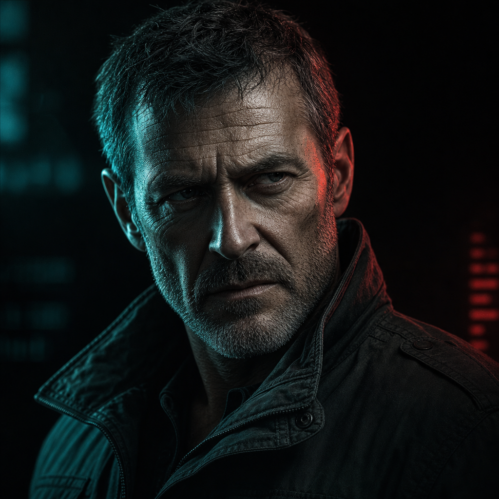 Portrait of Ronald Gatty, a rugged former British spy with weathered features and a stern gaze