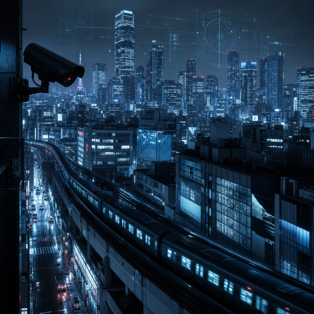 Bluish Tokyo skyline at night with polished towers, transit-light precision, and subtle surveillance mood in a cinematic cool-blue cyber-noir atmosphere
