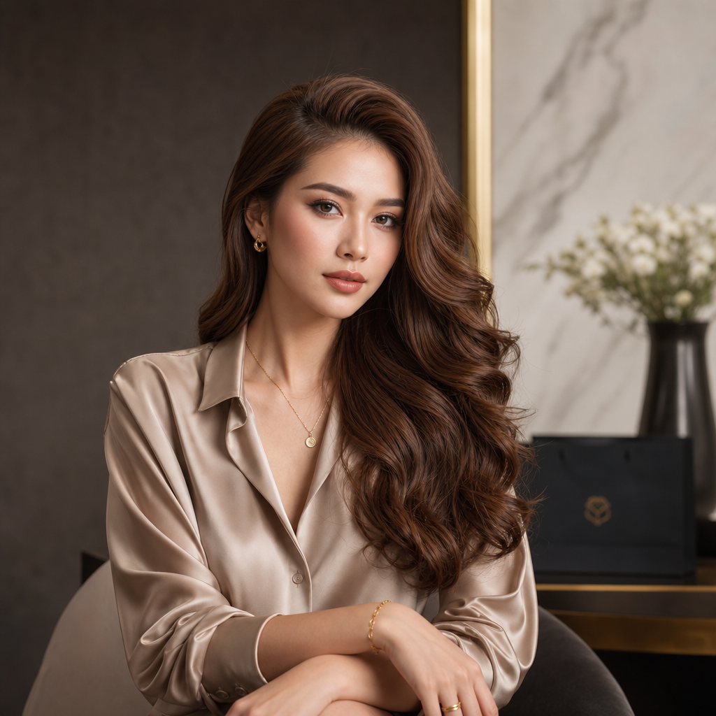 Portrait of an elegant female luxury hair buyer with chestnut waves and a silk blouse
