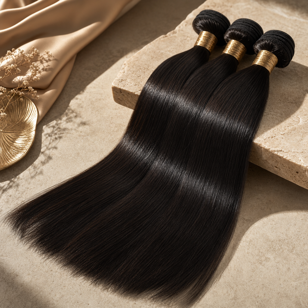 Long, glossy Vietnamese hair bundles arranged in a premium studio setting